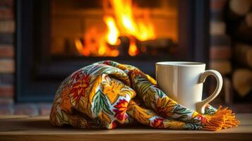 Mug with hot tea standing on a table with woolen blanket in a cozy living room with fireplace. Cozy winter day. created with Generative Al technology photo