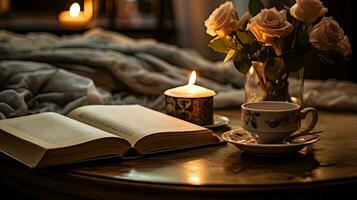 Burning candle and open paper book, cup of kofk Cozy atmosphere concept. good morning. created with Generative Al technology photo
