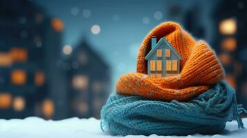 House with knitted scarf, symbol for heating system or cold snowy winter. Heating season, warm up, protect concept created with Generative Al technology photo