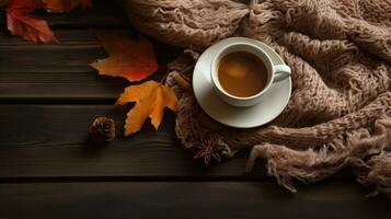 Autumn cozy composition with gray soft plaid and cup of coffee. created with Generative Al technology photo