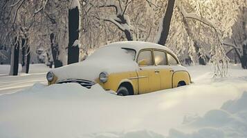 retro coche cubierto en nieve creado con generativo Alabama tecnología foto