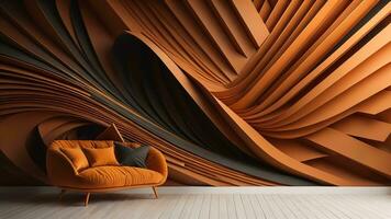 an orange armchair in a room with a curved design. generative ai photo