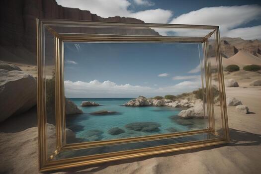 Glass picture frame on a solid color background. ai generative photo