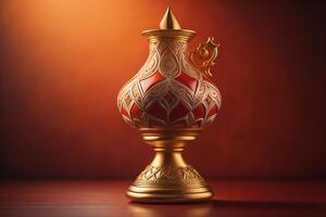 Golden vase on wooden background. Ramadan Kareem concept. generative ai photo