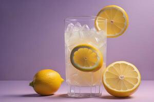 Glass of lemonade with ice cubes and lemons on purple background. generative ai photo