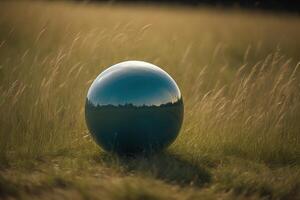 Crystal ball on the grass in the field at sunset. generative ai photo