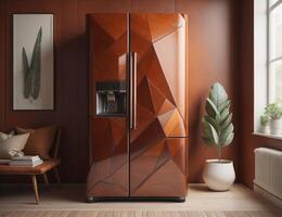 Modern refrigerator in living room interior. photo