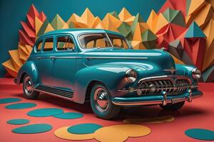 Retro car on colorful background. photo