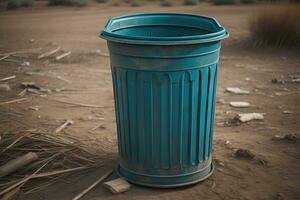 Garbage can on a colorful wall background, vintage color tone style. ai generative photo