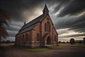 Iglesia en el campo con un dramático nublado cielo, generativo ai foto