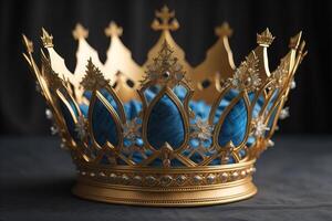 Royal golden crown with blue and gold pattern. photo