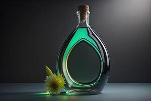 Bottle with green liquid and flower on black background. photo