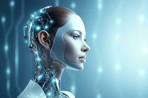 3d representación de un hembra robot en un cyborg cabeza en un azul fondo, 3d representación de un hembra robot con holograma pantalla y azul fondo, ai generado foto
