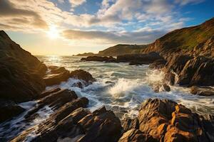 Sunset over the Atlantic Ocean in Cornwall, England, United Kingdom, A Rocky Beach landscape view with rough sea waves and beautiful sky, AI Generated photo