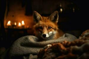 ai generado dulce pequeño zorro rizado arriba en un acogedor guarida, rodeado por suave mantas y almohadas, con un cálido, dorado Encendiendo efecto. foto