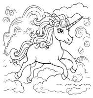 linda unicornio volador terminado un arcoíris, colorante paginas para niños vector