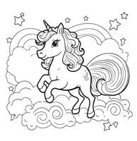 cute unicorn flying over a rainbow, coloring pages for kids vector