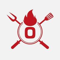 Letter O Restaurant Logo with Grill Fork and Spatula Icon. Hot Grill Symbol vector