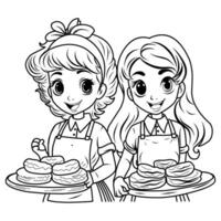 Coloring page Pancake day, Pancake race. Women run with plates of pancakes. vector