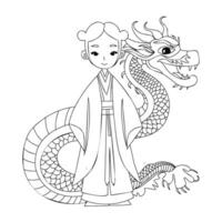 Coloring page Chinese woman near the dragon. Chinese dragon coloring book. vector