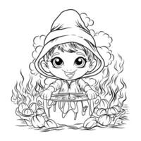 Coloring page Witch in a hat brews a witch's potion in a cauldron. Halloween coloring book vector