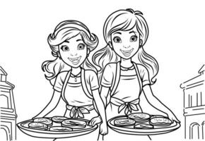 Coloring page Pancake day, Pancake race. Women run with plates of pancakes. vector