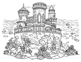 Underwater world Coloring page. coloring page atlantis castle underwater vector