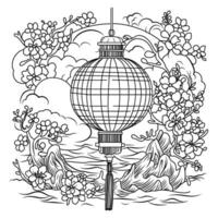 toro nagashi.Japanese lantern festival Coloring page. coloring page of lanterns for the remembrance of the dead. vector