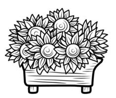 colorante para niños. composición con girasoles en el balcón cajón, colorante otoño tema vector