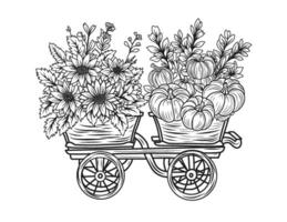 Composition with sunflowers in a wheelbarrow, coloring autumn theme, thanksgiving t-shirt print vector