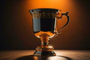 Golden trophy cup on wooden table. Award concept. ai generative photo