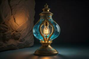 Lantern on a wooden table and a dark background. ai generative photo