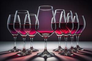 Wine glasses on a wooden table against the background. ai generative photo