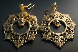 Earrings made of gold on a solid color background close up. ai generative photo