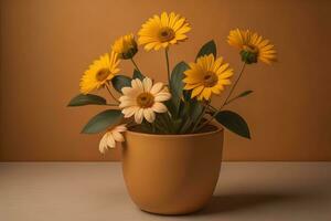 Flowers in a pot on a solid color background. ai generative photo