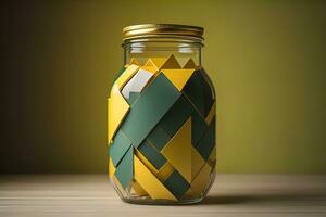 Glass vase with geometric pattern on dark background. Ai generative photo