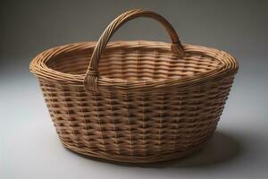 Empty wicker basket on a solid color background. ai generative photo