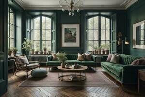 Interior of modern living room with green walls, wooden floor, green sofa and round coffee table. ai generative photo