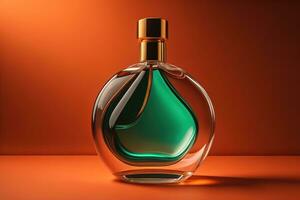 Creative and brandless Perfume bottle and flower on the wooden table, closeup. ai generative photo