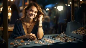 hermosa mujer en joyería tienda foto