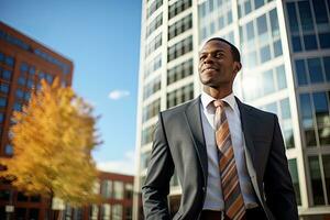 retrato de un hermoso joven negro empresario en pie en frente de oficina edificio, un confidente determinado persona, ai generado foto