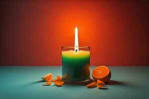 Creative burning candle on a wooden background. ai generative photo