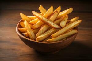 French fries in a bowl on red background. Selective focus. ai generative photo