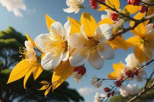 cherry blossom sakura flower on blue sky background, ai generative photo