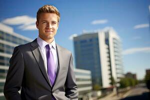 Portrait of a young businessman standing on a city street with buildings in the background, A confident determined person, AI Generated photo