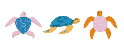 set of turtles in hand drawn flat style. vector illustration