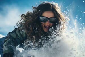 Portrait of happy young woman with snowboard against blue sky. A woman riding a snowboard in the snow, her face contorted with emotion and determination, AI Generated photo