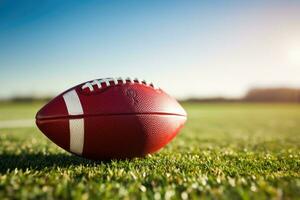 American football ball on green field with blue sky in the background. American Football shot with shallow depth of field with room for copy, AI Generated photo