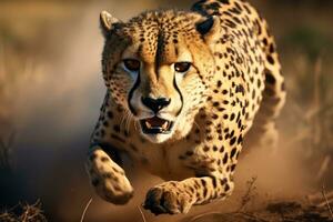 Cheetah in the wilderness of Africa. Panthera jubatus, a cheetah running closeup, AI Generated photo