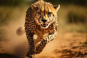 leopardo corriendo en el arena en el kruger nacional parque, sur África. un leopardo corriendo de cerca, ai generado foto